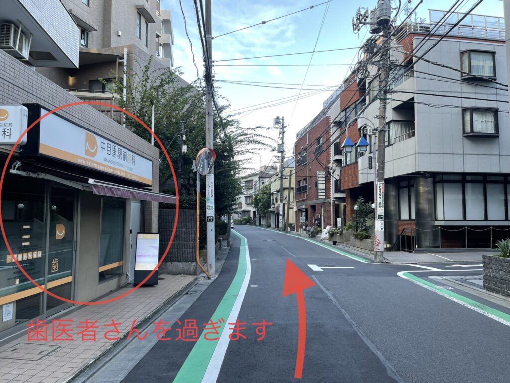 道なりの写真。左手に歯医者さんがあります。歯医者さんを通り過ぎて直進する指示の矢印画像が貼り付けてあります。